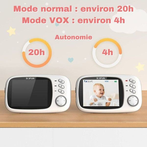 Autonomie en mode normal et mode VOX sur le babyphone caméra longue portée.
