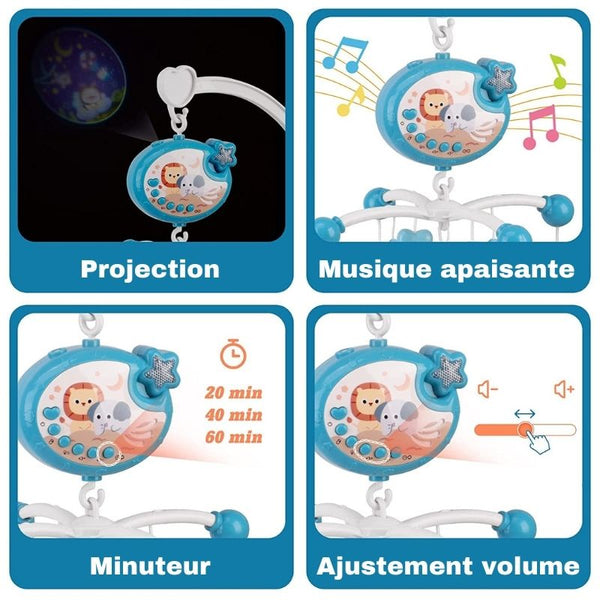 Mobile bébé musical et lumineux multifonction avec projection et réglages personnalisables.