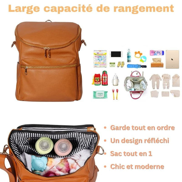 Vue des compartiments du sac à langer en cuir Luxuria, conçu pour un rangement optimisé.