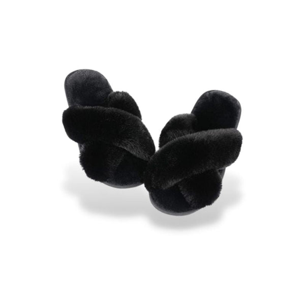 Chaussons Confortable Femme noirs en peluche épaisse avec un style croisé
