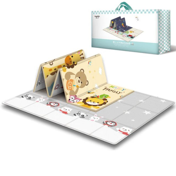 Présentation du Tapis d'éveil bébé Montessori double face 200x180x1cm, idéal pour les familles mobiles.