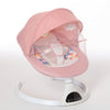 Balancelle Bébé Électrique rose avec moustiquaire protectrice et siège rembourré multicolore.