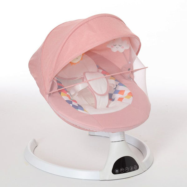 Balancelle Bébé Électrique rose avec moustiquaire protectrice et siège rembourré multicolore.