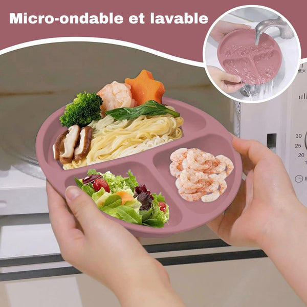 Caractéristique micro-ondable et lavable du set repas pour bébé.