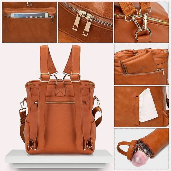 Zoom sur les fonctionnalités du sac à langer en cuir Luxuria, alliant style et praticité.