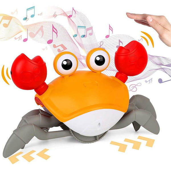 Jouet Crabe Bébé Willy en version orange avec sons amusants.