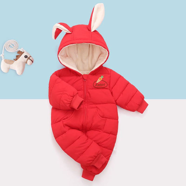 Combinaison Polaire Bébé rouge avec capuche oreilles de lapin.