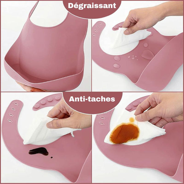 Bavoir anti-taches en silicone du set repas pour bébé démontrant sa résistance aux taches et sa facilité de nettoyage.