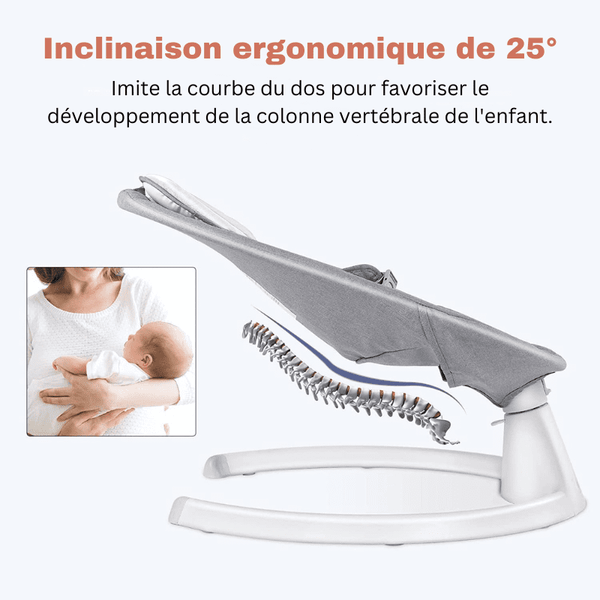 Balancelle Bébé Électrique avec inclinaison ergonomique à 25 degrés pour un soutien optimal.