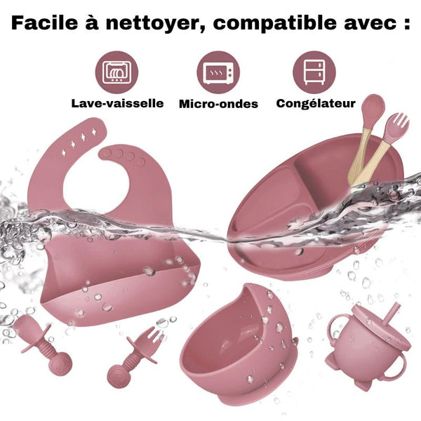 Caractéristiques des pièces du set repas pour bébé, montrant leur compatibilité avec le lave-vaisselle, micro-ondes et congélateur.