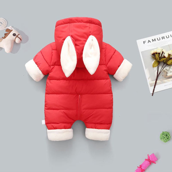 Combinaison Polaire Bébé rouge, vue arrière avec oreilles de lapin tombantes.