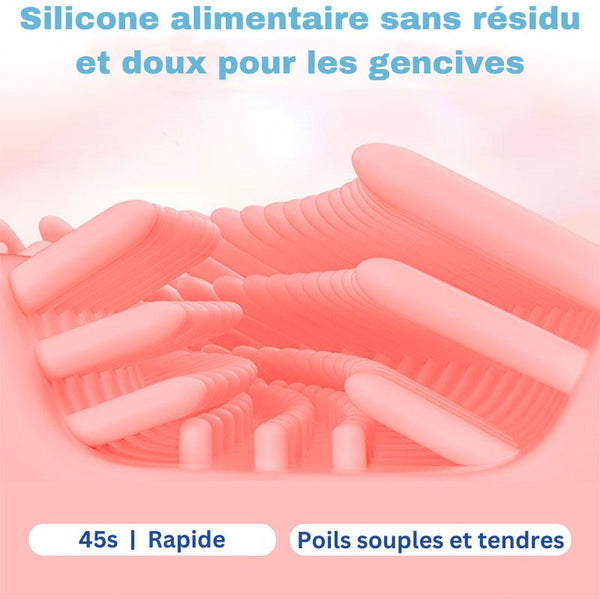 Zoom sur les poils en silicone doux de la brosse à dents électrique bébé, sans résidus et parfaits pour les gencives sensibles.