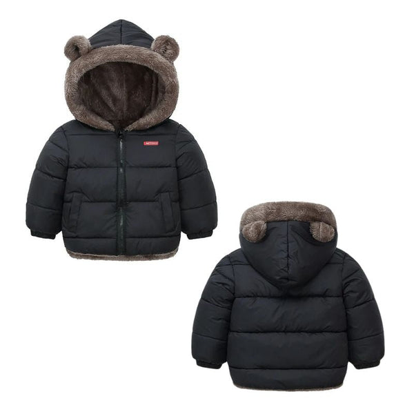 Doudoune Bébé noire avec doublure en fausse fourrure et capuche stylée.