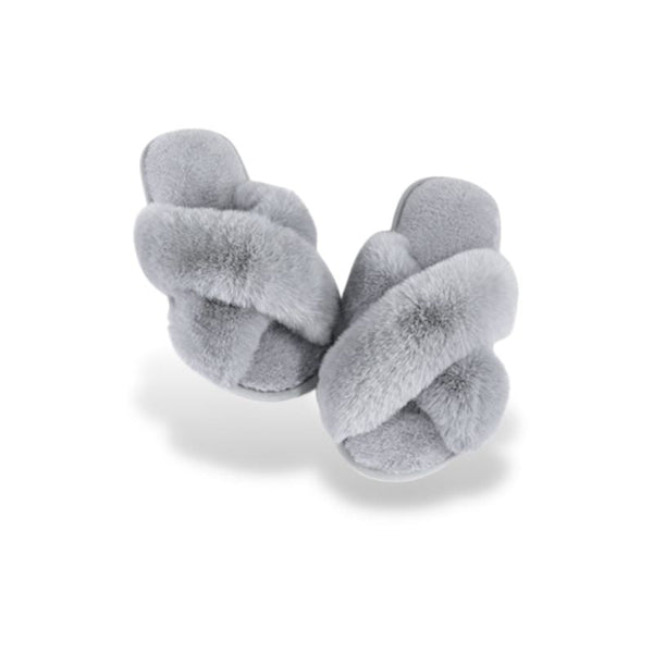 Chaussons Confortable Femme gris en peluche épaisse avec un style croisé