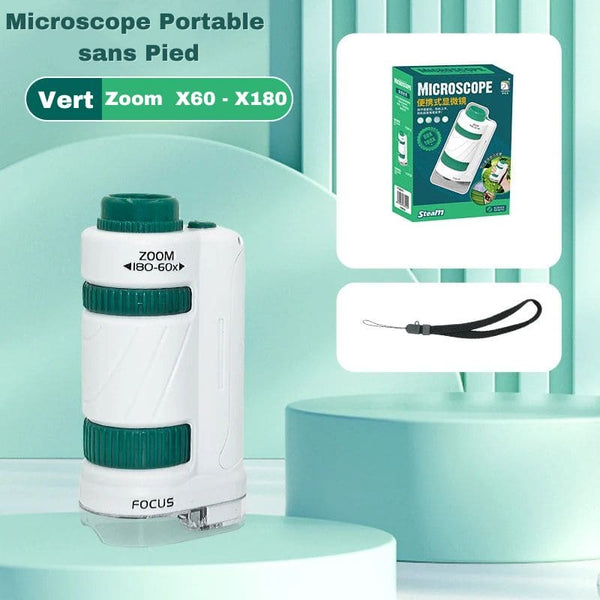 Version portable du microscope de poche enfant avec zoom puissant et facile à utiliser. Modèle de couleur vert.