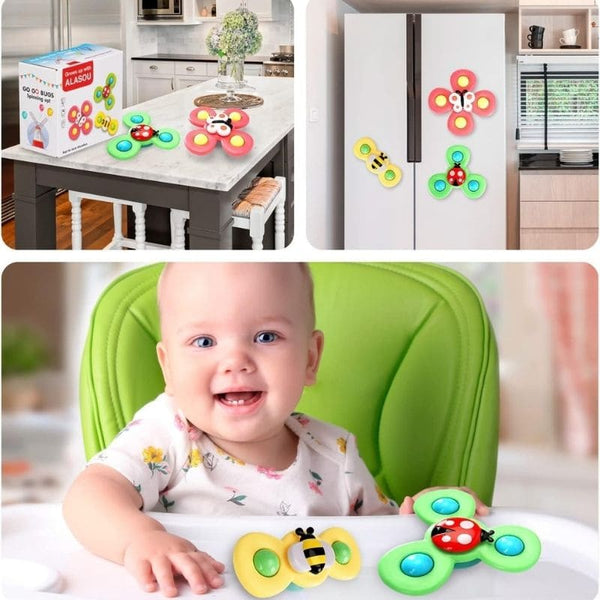 Spinner Bébé installé sur des surfaces variées : frigo, fenêtre, et table, démontrant sa polyvalence.