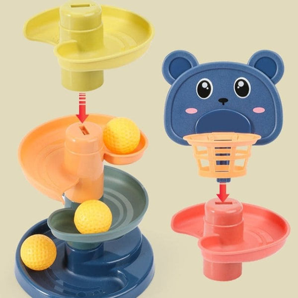 Jouet d'Éveil Bébé Tour à balles rotative avec niveaux emboîtables et balles sécurisées.