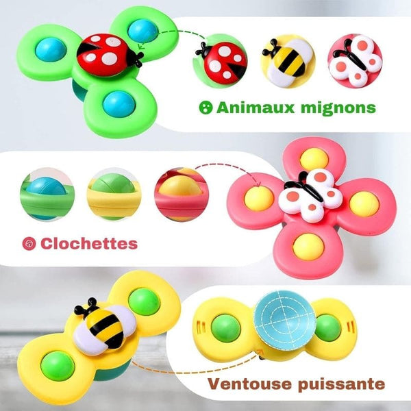 Vue rapprochée des détails du Spinner Bébé : clochettes, animaux mignons et ventouse.