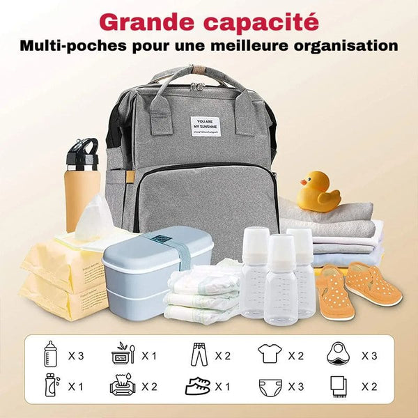 Sac à Dos à Langer spacieux avec plusieurs compartiments pour les essentiels.