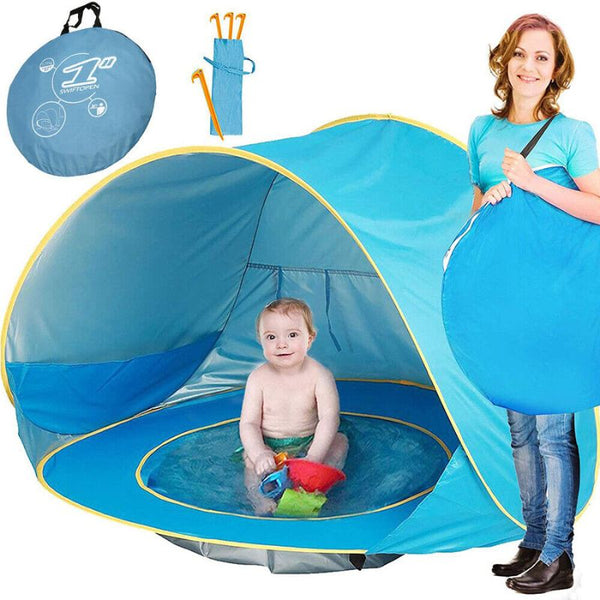 Ensemble complet BabyTent : tente de plage bébé avec accessoires pratiques pour l'été.