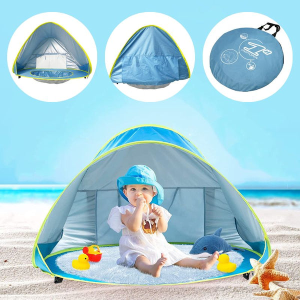 BabyTent en version bleu : une tente de plage bébé ludique et pratique, facile à plier et ranger dans son sac de transport.