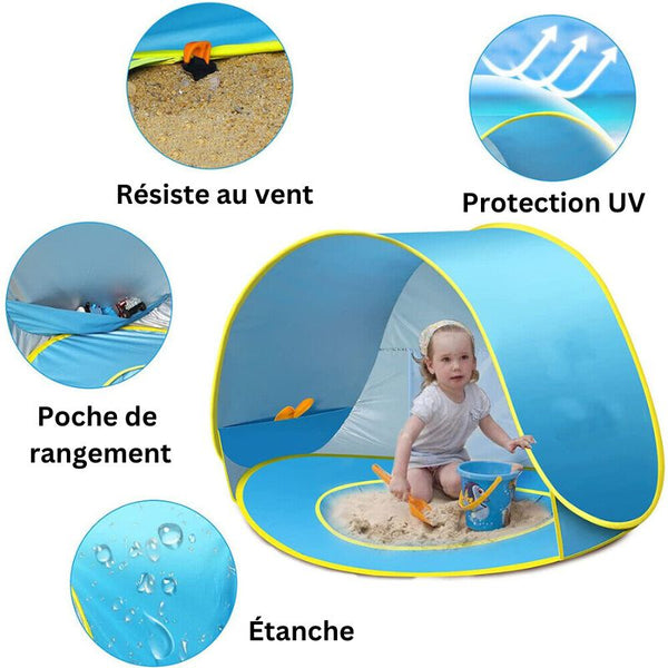 Tente de plage bébé avec protection UV UPF 50+ et bassin intégré pour l'été.