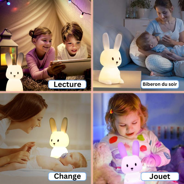Veilleuse bébé lapin idéale pour la lecture, le biberon ou comme jouet lumineux.
