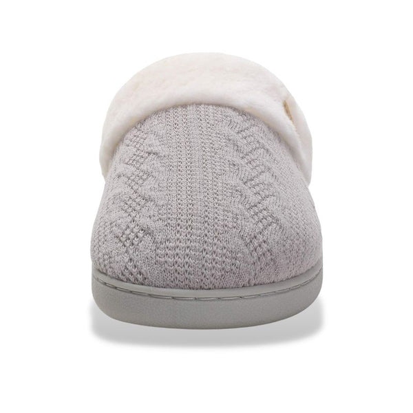 Vue frontale d'un chausson fourré Femme gris avec tricot et fourrure élégante.