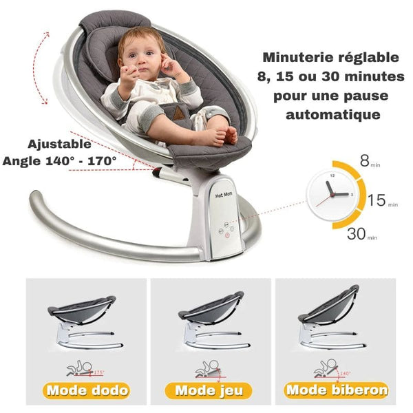 Balancelle électrique Bébé avec minuterie et options de position ergonomiques.