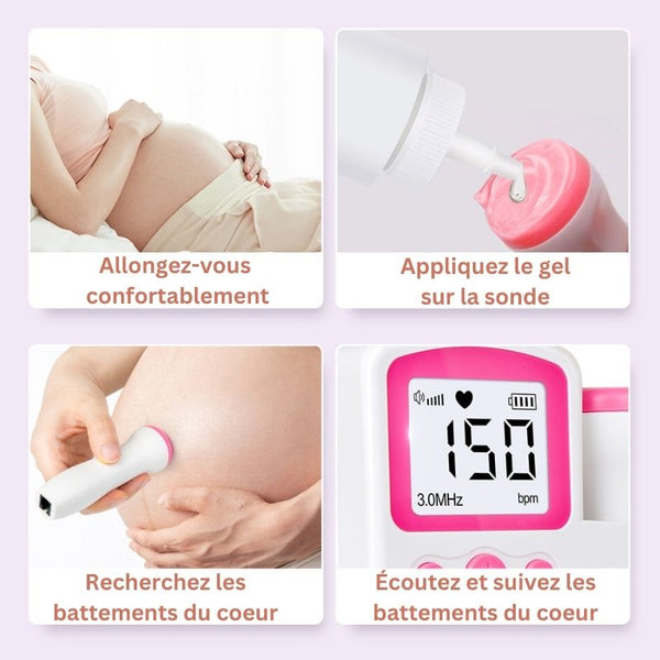 Guide illustré pour utiliser le Doppler fœtal BabyHeartBeat efficacement.