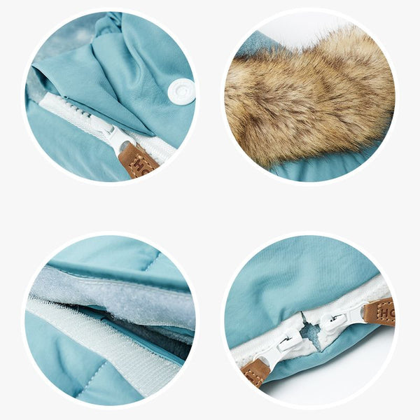 Zoom sur les fonctionnalités de la chancelière universelle évolutive FlexiCocon : fermeture éclair bidirectionnelle, velcro et col en fourrure.