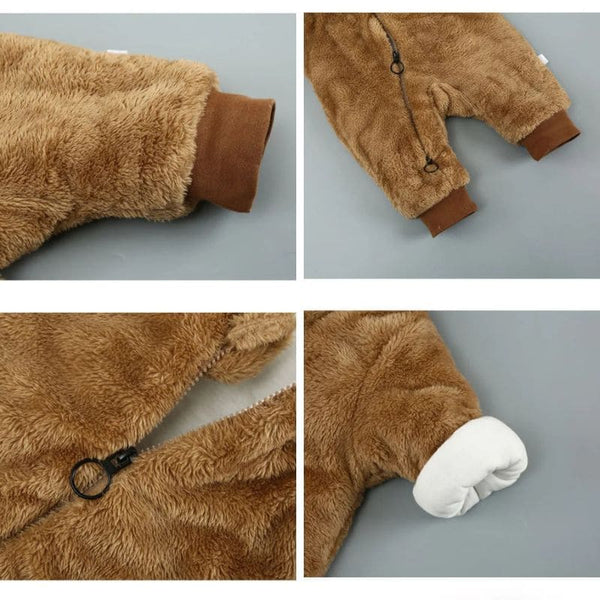 Gros plan sur les détails de la Barboteuse Bébé Petit Ourson marron, incluant la fermeture éclair et les coutures.