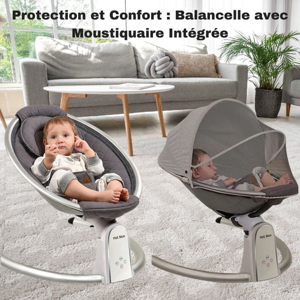 Protection et confort avec la Balancelle électrique Bébé équipée d'une moustiquaire.
