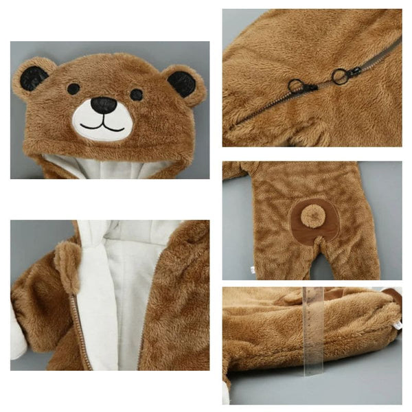 Gros plan sur la capuche et les textures de la Barboteuse Bébé Petit Ourson marron, mettant en avant sa douceur.