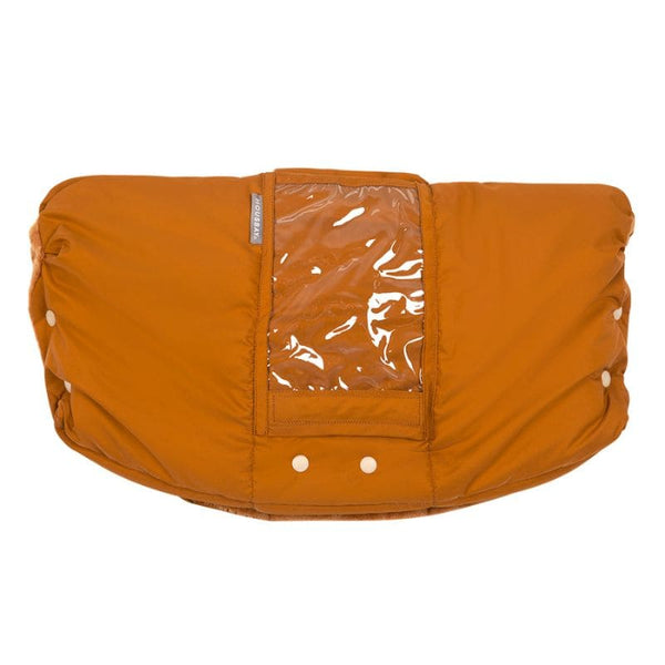 Protège Main Poussette orange avec Fenêtre Transparente pour smartphone.