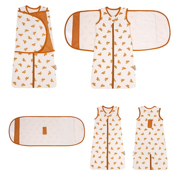 Gigoteuse d’emmaillotage d’été vue à plat, différentes positions et ouvertures.