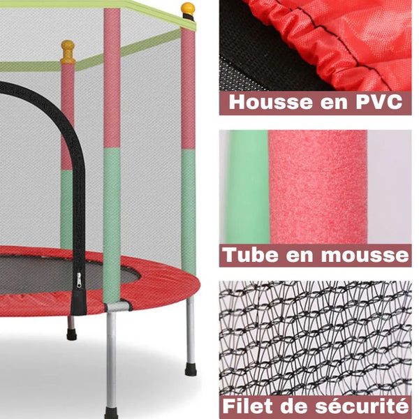 Conception sécurisée du trampoline pour enfants avec filet de protection et housse renforcée.