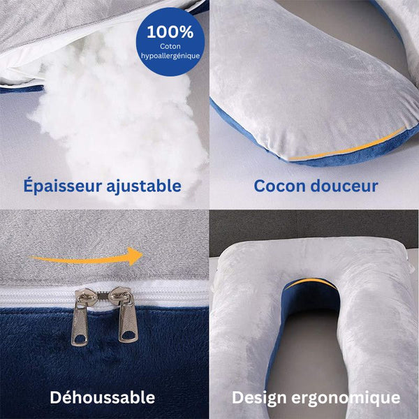 Zoom sur les caractéristiques du Coussin de Grossesse U, conçu pour un confort ultime.