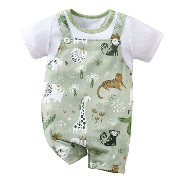Salopette Bébé avec t-shirt blanc vue de face – imprimé girafe, tigre et éléphant