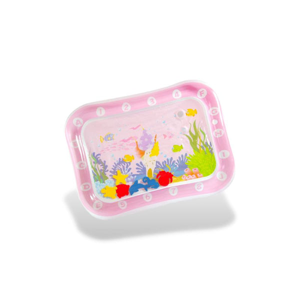 Tapis d'eau bébé BabyFish en rose pastel avec des animaux marins flottants.