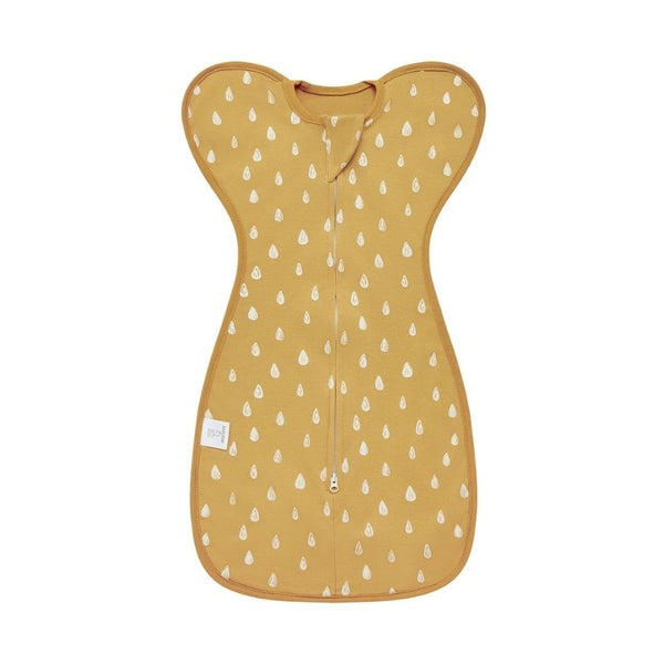 Gigoteuse d'Emmaillotage jaune avec motifs gouttes blanches, parfaite pour envelopper bébé.