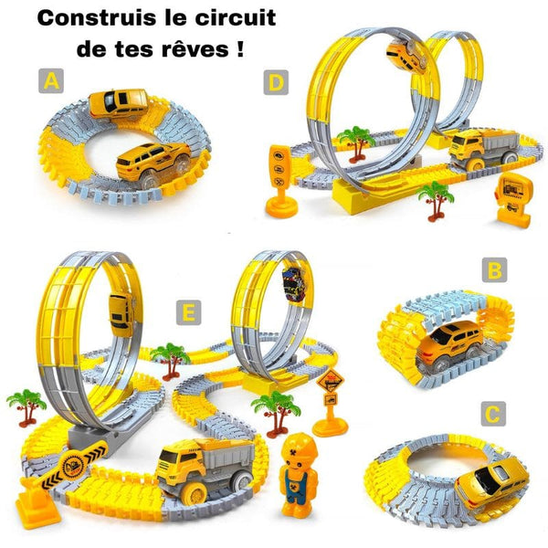 Exemples de constructions variées du Circuit Looping en jaune et gris - Camions de Chantier pour Enfants - Cocon d’Ange.