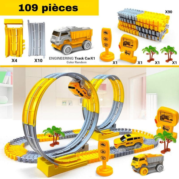 Set 109 pièces du Circuit Looping avec voitures, camions et décors - Camions de Chantier pour Enfants - Cocon d’Ange.