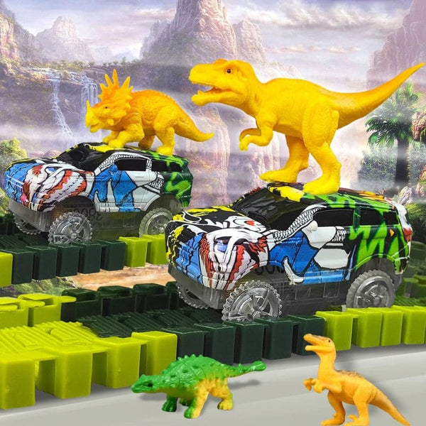 Circuit voiture dinosaure avec dinosaures et voitures sur une piste, en décor de paysage montagneux.