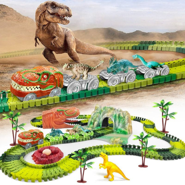 Circuit Voiture Dinosaure avec plusieurs dinosaures sur un décor de désert.