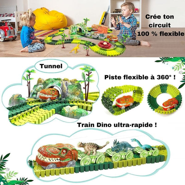Enfants jouant avec un Circuit Voiture Dinosaure, comprenant des tunnels et des pistes flexibles.