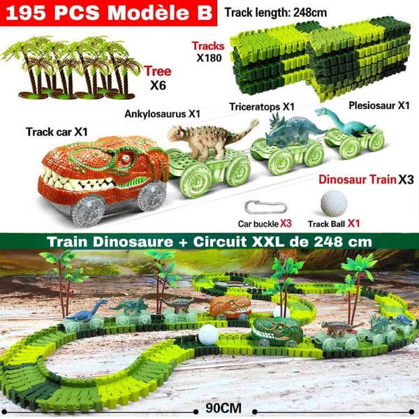 Train dinosaure avec piste et figurines sur fond blanc (Circuit Voiture Dinosaure – 195 pcs modèle B).