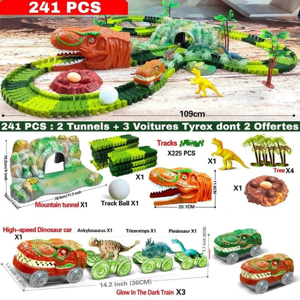 Ensemble dinosaure avec piste, tunnels et voitures sur sol en bois (Super Set Circuit Voiture Dinosaure 241 pcs avec 2 Tyrex offertes).