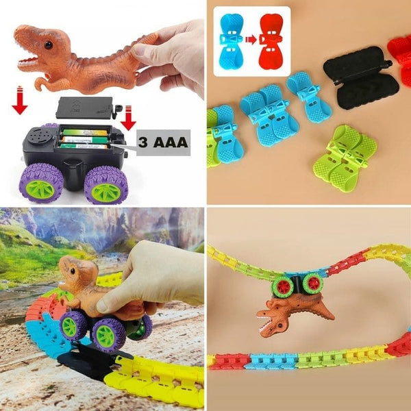 Collage d’un jouet dinosaure avec des pièces de circuit et des piles, montrant l’assemblage et le jeu – Circuit Voiture Dinosaure Suspendu - Cocon d'Ange.