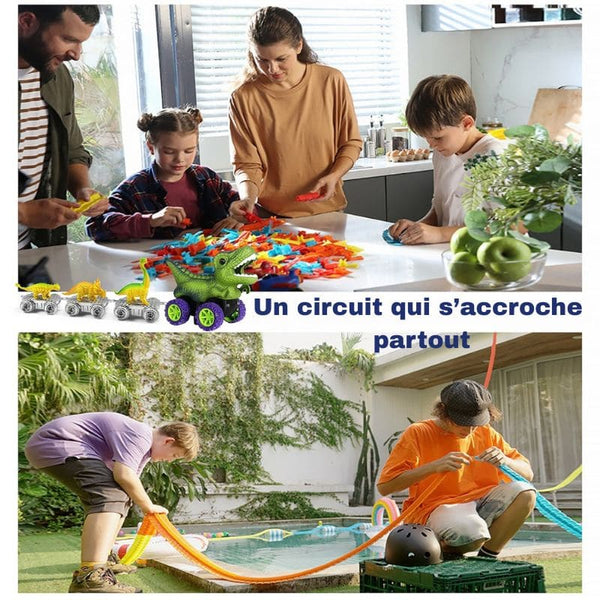 Collage d'une famille jouant avec des voitures miniatures et de 2 enfants assemblant les rails du circuit en extérieur - Circuit Voiture Dinosaure Suspendu - Cocon d'Ange.